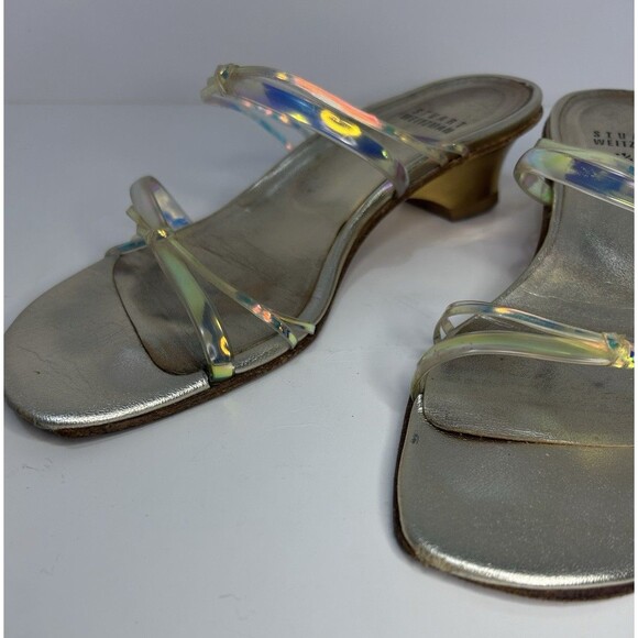 Stuart Weitzman Women’s 6 1/2 Gold Colored Hologram Sandals Gold Strap Heel - Picture 6 of 8
